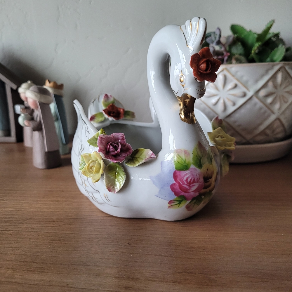 Vintage Floral Porcelain Swan